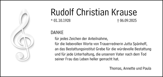 Traueranzeige von Rudolf Christian Krause von Hinterländer Anzeiger