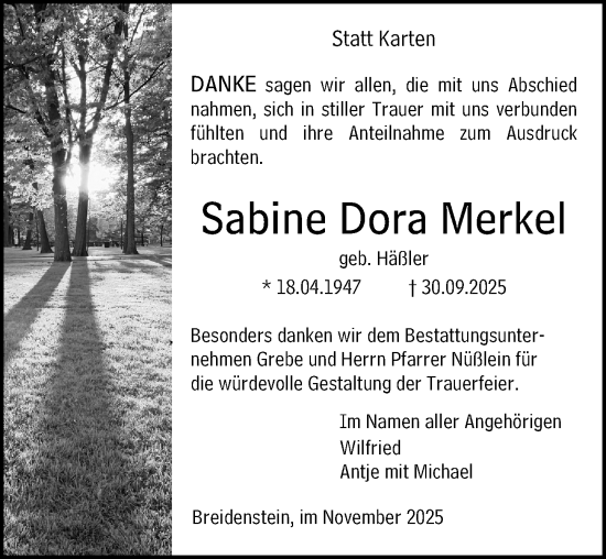 Traueranzeige von Sabine Dora Merkel von Hinterländer Anzeiger