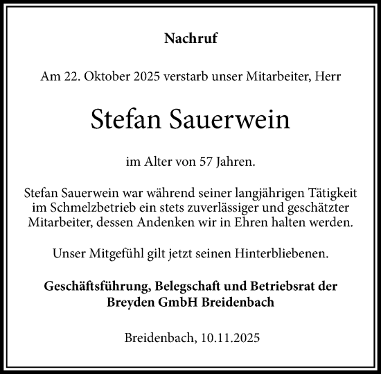 Traueranzeige von Stefan Sauerwein von Hinterländer Anzeiger