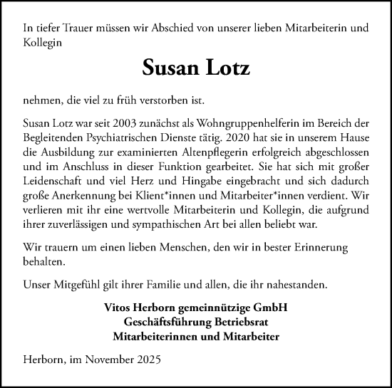 Traueranzeige von Susan Lotz von Dill Block