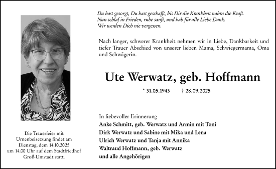 Traueranzeige von Ute Werwatz von Darmstädter Echo