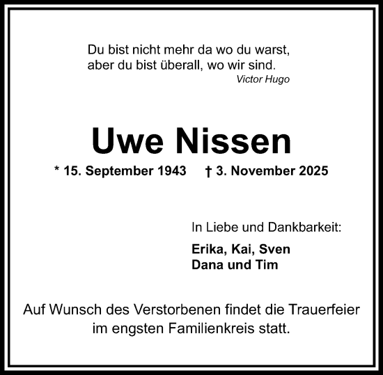 Traueranzeige von Uwe Nissen von Wiesbadener Kurier