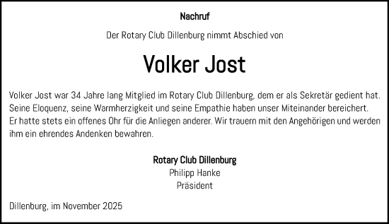 Traueranzeige von Volker Jost von Dill Block