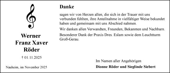 Traueranzeige von Werner Franz Xaver Röder von Rüsselsheimer Echo