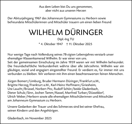 Traueranzeige von Wilhelm Düringer von Hinterländer Anzeiger