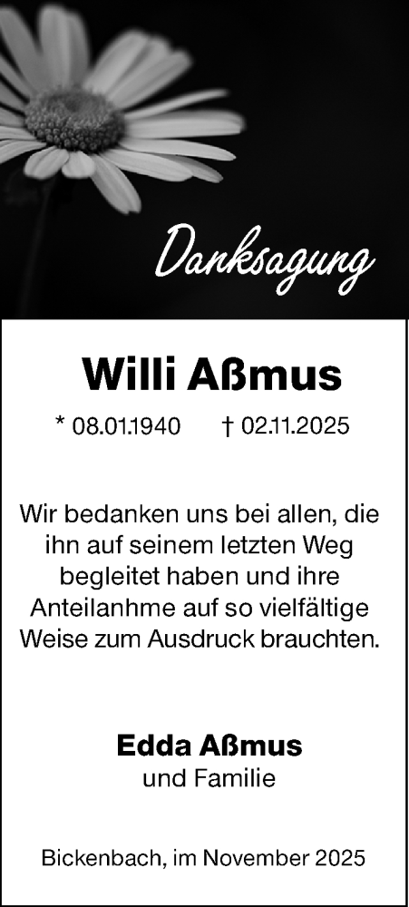 Traueranzeige von Willi Aßmus von Darmstädter Echo