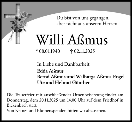 Traueranzeige von Willi Aßmus von Darmstädter Echo
