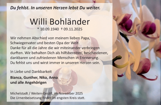 Traueranzeige von Willi Bohländer von Odenwälder Echo