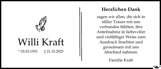 Traueranzeige von Willi Kraft von Allgemeine Zeitung Mainz