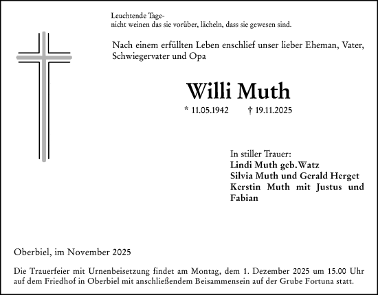 Traueranzeige von Willi Muth von Wetzlarer Neue Zeitung