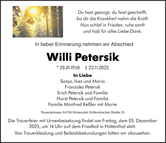 Traueranzeige von Willi Petersik von Odenwälder Echo