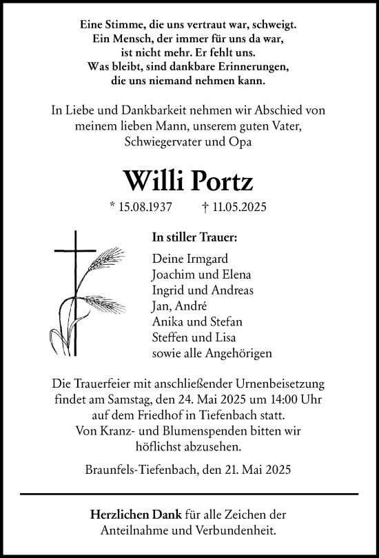 Traueranzeige von Willi Portz von Wetzlarer Neue Zeitung