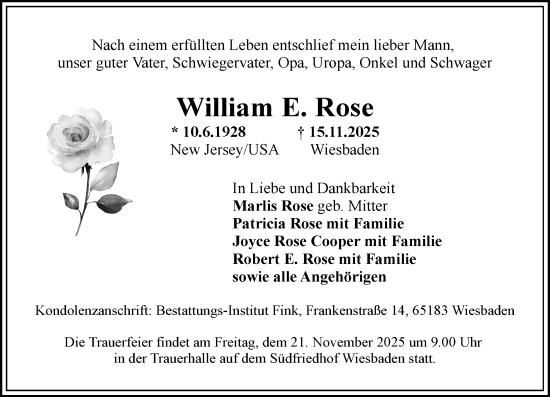 Traueranzeige von William E. Rose von Wiesbadener Kurier