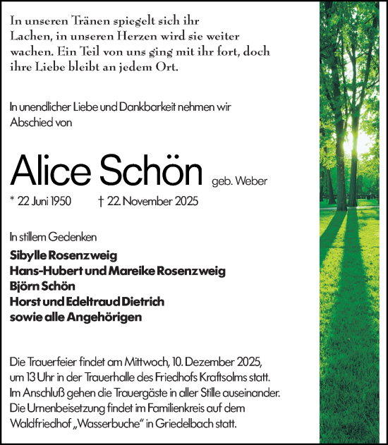 Traueranzeige von Alice Schön von Wetzlarer Neue Zeitung
