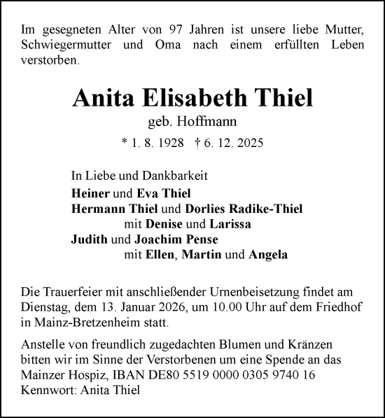 Traueranzeige von Anita Elisabeth Thiel von Allgemeine Zeitung Mainz