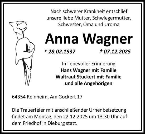 Traueranzeige von Anna Wagner von Dieburger Anzeiger/Groß-Zimmerner Lokal-Anzeiger