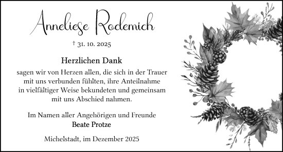 Traueranzeige von Anneliese Rodemich von Odenwälder Echo