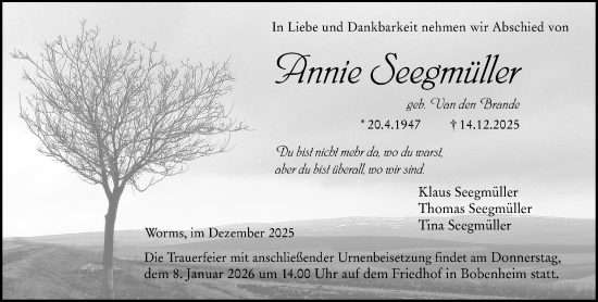 Traueranzeige von Annie Seegmüller von Wormser Zeitung
