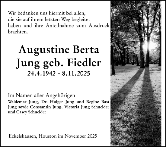 Traueranzeige von Augustine Berta Jung von Hinterländer Anzeiger