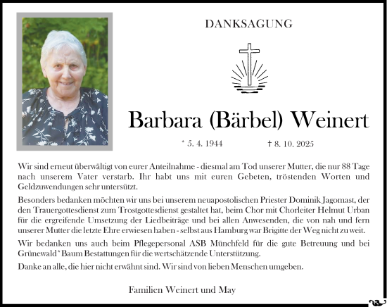 Traueranzeige von Barbara Weinert von Allgemeine Zeitung Mainz