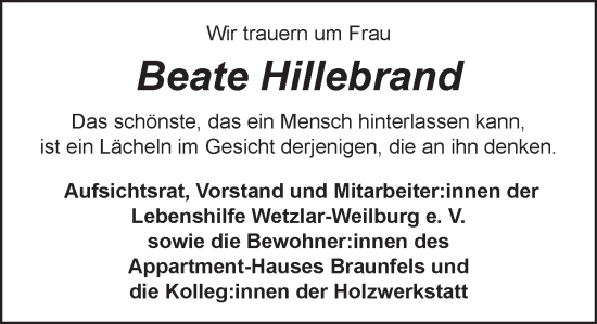 Traueranzeige von Beate Hillebrand von Weilburger Tageblatt