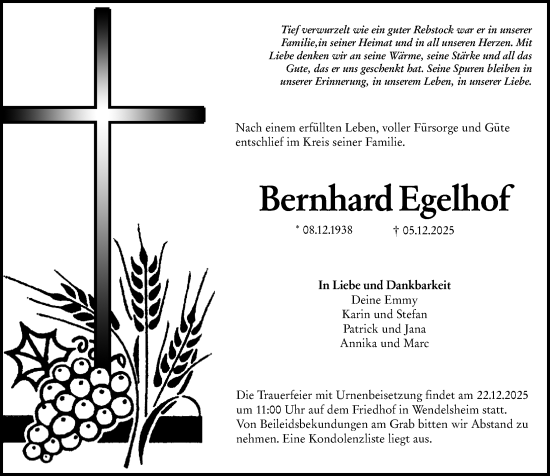 Traueranzeige von Bernhard Egelhof von Allgemeine Zeitung Alzey