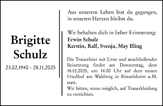 Traueranzeige von Brigitte Schulz von Rüsselsheimer Echo