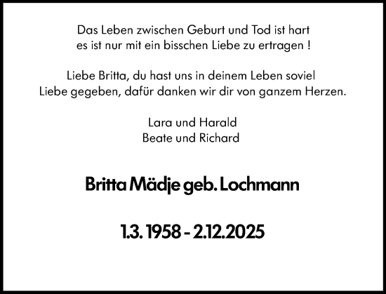 Traueranzeige von Britta Mädje von Allgemeine Zeitung Mainz