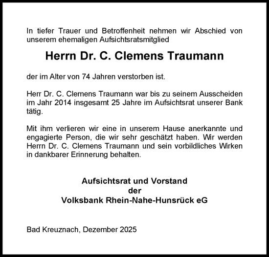 Traueranzeige von C. Clemens Traumann von Allgemeine Zeitung Rheinhessen-Nahe