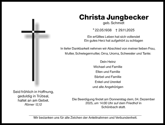 Traueranzeige von Christa Jungbecker von Dill Block