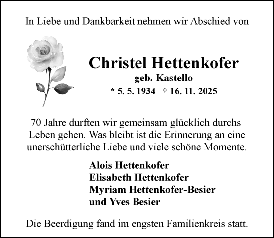 Traueranzeige von Christel Hettenkofer von Allgemeine Zeitung Mainz