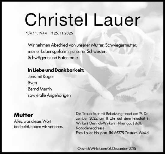 Traueranzeige von Christel Lauer von Hinterländer Anzeiger