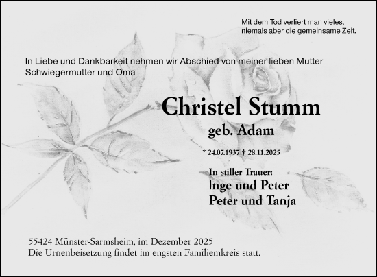 Traueranzeige von Christel Stumm von Allgemeine Zeitung Rheinhessen-Nahe