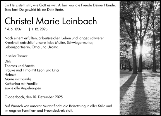 Traueranzeige von Christel Marie Leinbach von Hinterländer Anzeiger