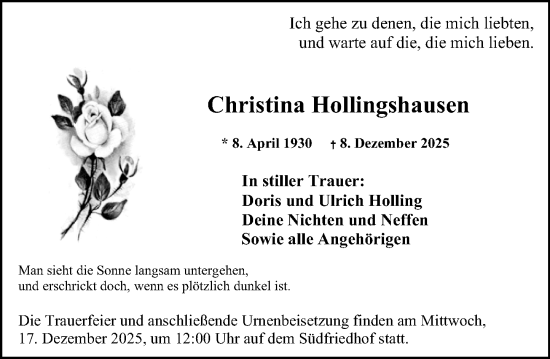 Traueranzeige von Christina Hollingshausen von Wiesbadener Kurier