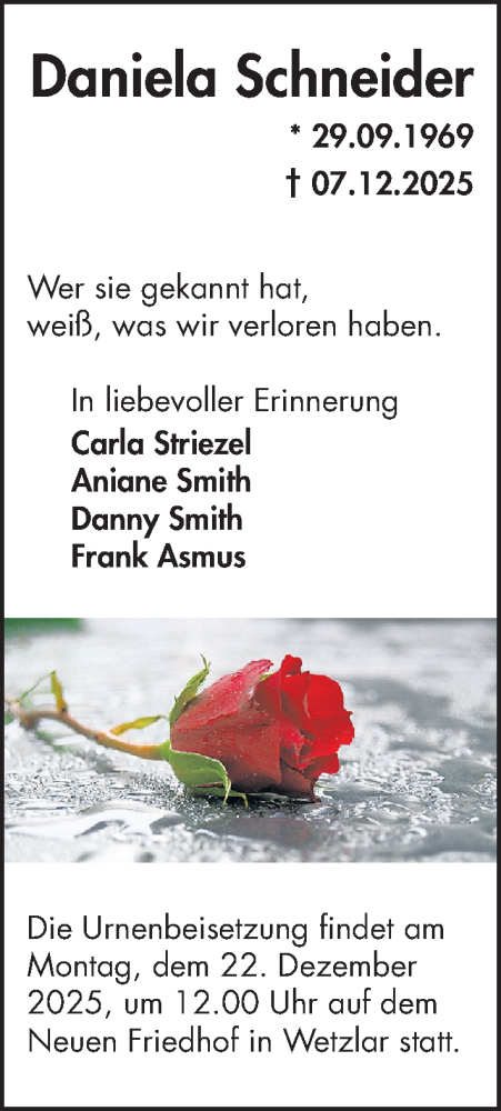 Traueranzeige von Daniela Schneider von Wetzlarer Neue Zeitung
