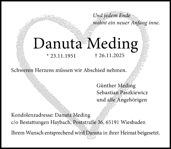 Traueranzeige von Danuta Meding von Wiesbadener Kurier