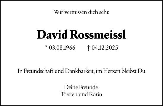 Traueranzeige von David Rossmeissl von Wiesbadener Kurier