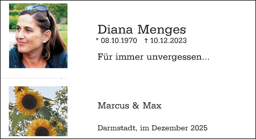  Traueranzeige für Diana Menges vom 13.12.2025 aus Darmstädter Echo