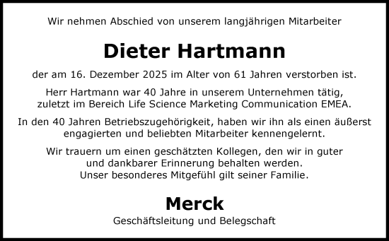 Traueranzeige von Dieter Hartmann von Darmstädter Echo