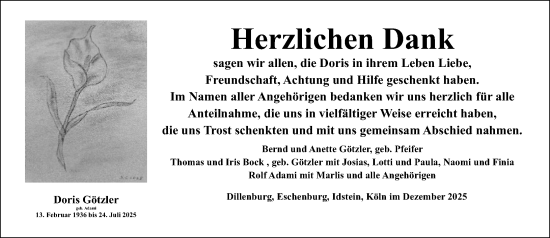 Traueranzeige von Doris Götzler von Dill Block