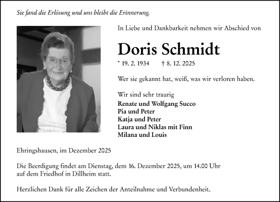 Traueranzeige von Doris Schmidt von Wetzlarer Neue Zeitung