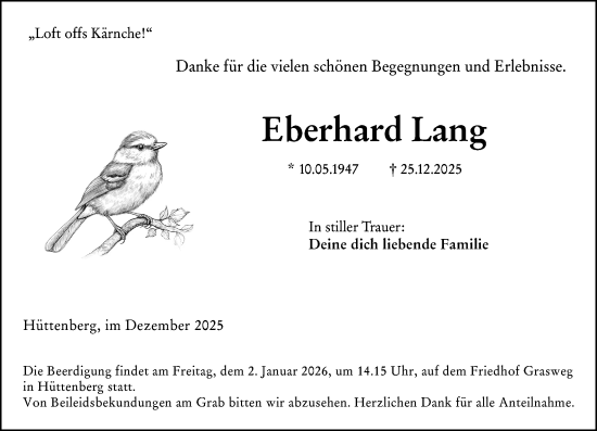 Traueranzeige von Eberhard Lang von Wetzlarer Neue Zeitung