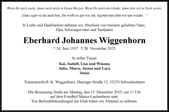 Traueranzeige von Eberhard Johannes Wiggenhorn von Allgemeine Zeitung Mainz