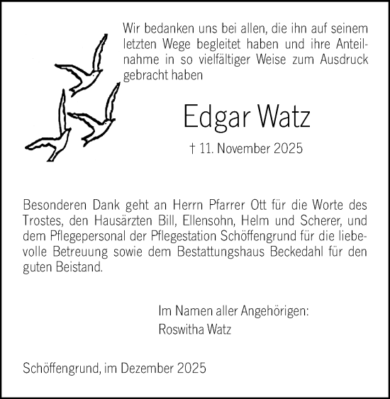 Traueranzeige von Edgar Watz von Wetzlarer Neue Zeitung