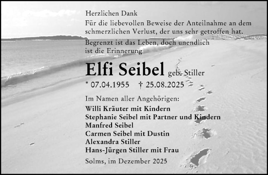 Traueranzeige von Elfi Seibel von Wetzlarer Neue Zeitung
