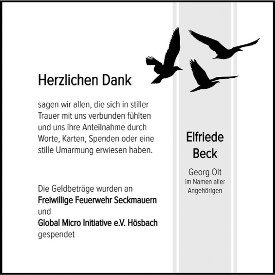 Traueranzeige von Elfriede Beck von Odenwälder Echo