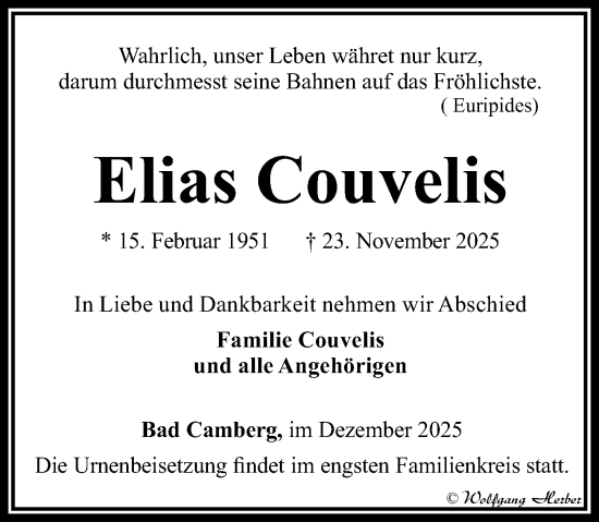 Traueranzeige von Elias Couvelis von Camberger Anzeiger