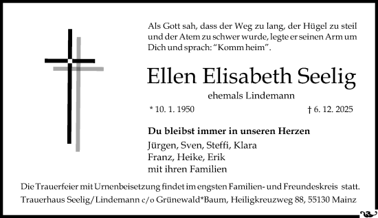 Traueranzeige von Ellen Elisabeth Seelig von Allgemeine Zeitung Mainz