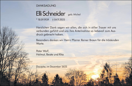 Traueranzeige von Elli Schneider von Hinterländer Anzeiger